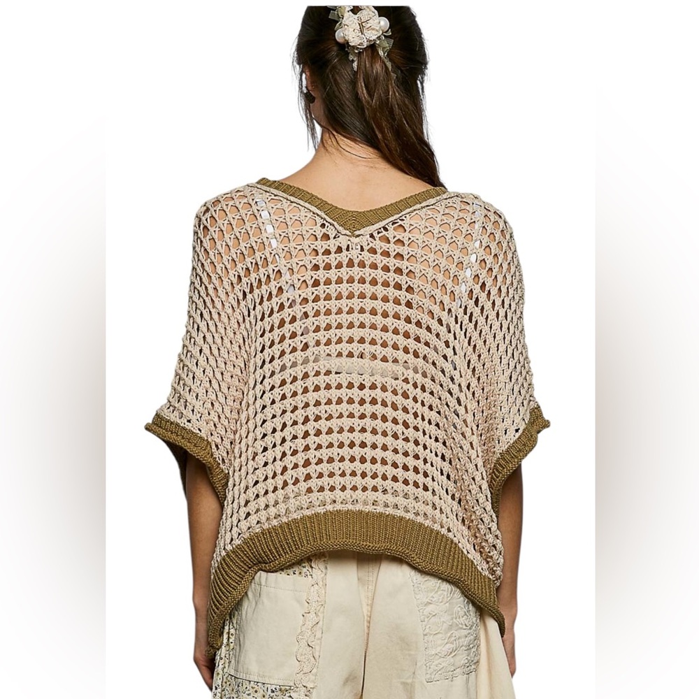 POL 🌼 Olive and Tan Cotton Blend Crochet Short Sleeve Floral Embroidered Top. - Picture 5 of 7